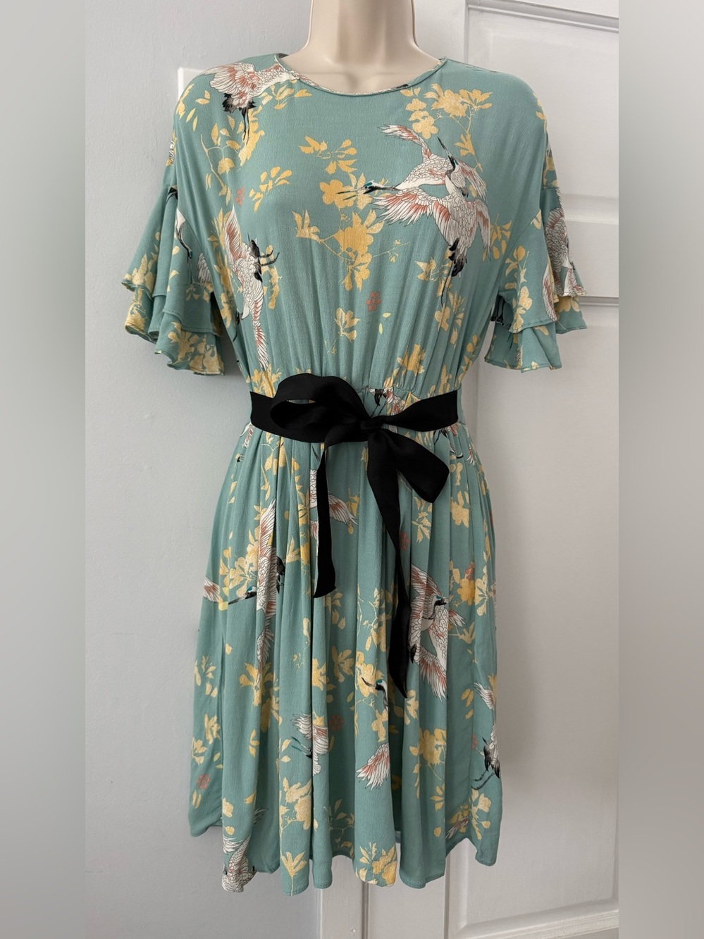 Zara Sage Green Floral Dress with Black Belt